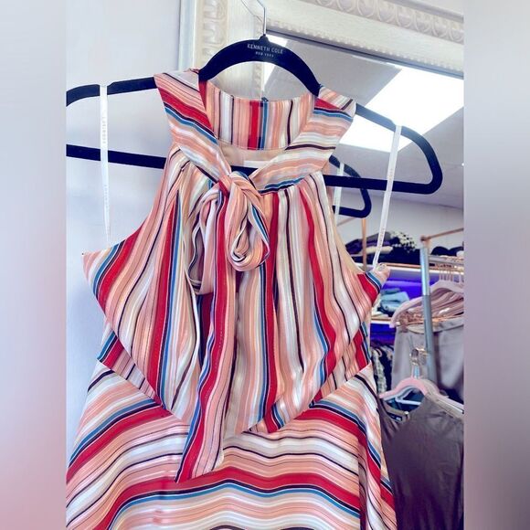 NWT FOXIEDOX Multi Color Metallic Striped Tie-neck Fit & Flare Dress Sz S - Picture 4 of 10